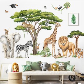 decalmile Large Safari Animals Tree Wall Stickers Jungle Animals Giraffe Elephant Lion Leopard Wall Decals Baby Nursery Kids Room Wall Decor(XXL)