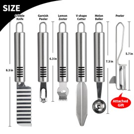 BURLIHOME Stainless Steel Fruit Carving Knife Set, 5 Pack Vegetable Engraving Blades for Kitchen, Melon Baller Scoop,Lemon Zester, Garnish Peeler,Crinkle Knife,V-shape Cutter
