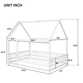 PVWIIK Full Size Montessori Floor Bed Frame with Roof & Fence Design for Boys/Girls Bedroom,Full Floor Wooden Bed for Living Room,No Box Spring Needed, White
