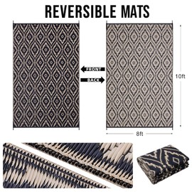 OLANLY Outdoor Rug 8x10 ft Waterproof, Outdoor Plastic Straw Rug with Geometric Pattern Clearance, Reversible RV Mat for Patio, Camping, Balcony, Deck, Backyard, Black & Beige