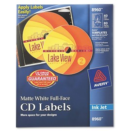 Avery 8960 Labels, CD, Inkjet Matte, 40/Labels, 80/Inserts, White