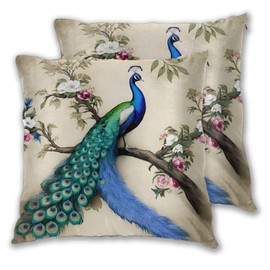 Retro Peacock Throw Pillow Cover 20x20 Inch Decorative Pillow Cases Soft Throw Pillows for Living Room Bedroom Sofa Couch Cushion Cover Set of 2