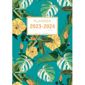 Planner July 2023-2024 June: A4 Weekly and Monthly Organizer | Summer Tropical Floral Design Teal