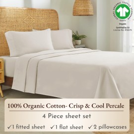 California Design Den 100% Organic Cotton King Size Sheet Set, Percale Sheets, Deep Pocket King Sheets, GOTS Certified, Hotel Sheets, Cotton Bed Sheets King, Ivory Sheets