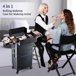 Adazzo 4 in 1 Rolling Makeup Trolley Train Case Cosmetic Suitcase Nail Tech Box for Makeup Artist, Hairstylists, Nail Tech Case with with Keys Swivel Wheels Traveling Trunk (Shiny Brick)