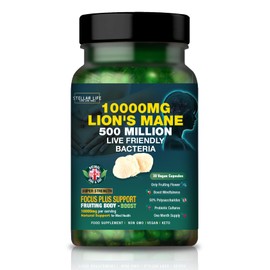 Lions Mane Supplement 10000mg High Strength Mushroom with 500 Million Probiotic Cultures | 20:1 Fruiting Body Extract | 50% Polysaccharides | 30 Vegan Capsules | Made in UK