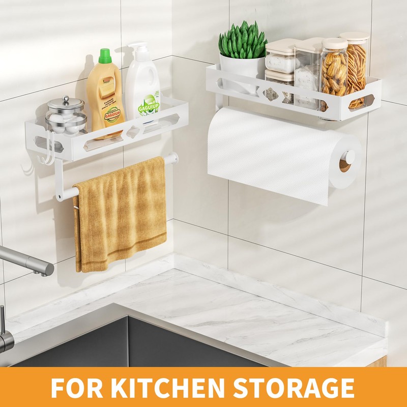 White Paper Towel Holder Wall Mount with Shelf - Adhesive
