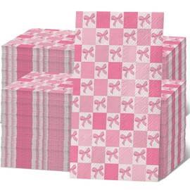 200Pcs Pink and Bowknot Checkered Disposable Napkin - Classic Checkered Tissues for Restaurant, Guest Napkins for Coffeehouse, Decorative Disposable Hand Towel for Wedding, Party, 7.9 x 4.3"