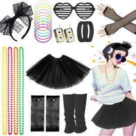 80s Fancy Dress Costumes Accessories, 80s Style Dresses Party Sets for Women, Kids Neon Leg Warmers Necklaces Bracelet Fishnet Gloves Bow Headband Earrings Sunglasses-13