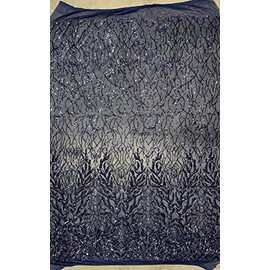 Frances Navy Blue Vines and Leaves Sequins on Mesh Lace Fabric by The Yard - 10153