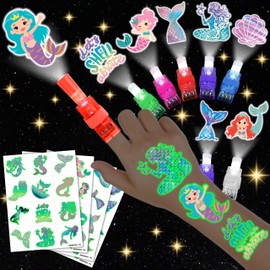 72 PCS Mermaid Party Favors – 48 PCS Tattoos & 24 PCS LED Finger Lights Combo – Birthday Goodie Bag Fillers, Party Supplies, Gifts Light Up Toys Glow In The Dark for Boys and Girls
