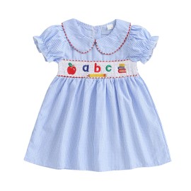 Toddler Girls Back to School Outfit Letter Apple Embroidery Plaid Doll Collar Short Sleeve Babydoll Dress Summer (Blue, 3-4 Years)