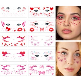 HIFANMM Valentines Day Face Temporary Tattoo Adult Kids, Heart Lip Bow Face Fake Tattoos, Red Pink Love Shiny Tattoo Stickers, Eye Makeup Kit Tattoo for Women Valentines Wedding Decor 10 Sheets