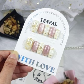 TENPAL Cat Eye Press on Nails Medium White Pink Nails Press Ons Glitter Glossy Glue on Nails Bohemian Ins Style Fake Nails with Tools Handmade Florals Stick on Nails for Women and Girls 10pcs/box(M)