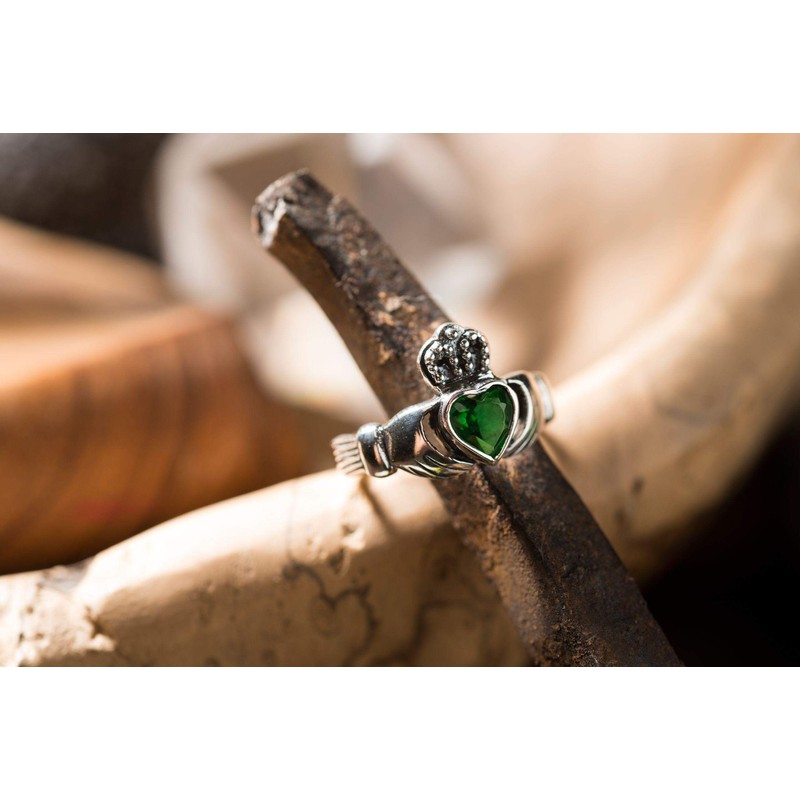 CLADDAGH 10mm Green Emerald Heart 925 Sterling Silver Friendship Ring,