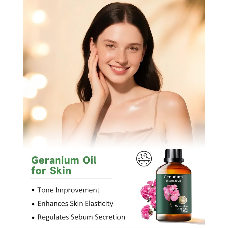 Geranium Essential Oil, Mumianhua Pure Rose Geranium Oil for Balanced