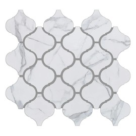 Tenedos 3 Inch Arabesque Pattern Glazed Porcelain Mosaic Wall Floor Tile with Carrara White Grey Marble Look for Flooring, Kitchen Backsplash, Bathroom Shower (10 Sheets)