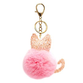 surell Rex Rabbit Fur Cat Pom Pom Key Chain - Faux Leather Glitter Ears and Tail - Bag Purse Charm - Gold Ring Fluffy Fur Ball - Fashion Gift (Pink)
