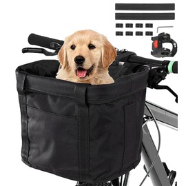 Goldmiky Bicycle Basket, Foldable Waterproof Bicycle Handlebar Basket, Removable Handlebar Basket, Aluminium Alloy Frame, Dog, Cat, Pet Carrier for Small Dog, Mountain Picnic, Shopping (Black)