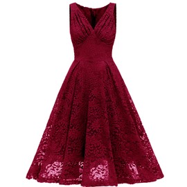 Women Vintage Floral Lace Cocktail Formal Swing Dress Sleeveless V Neck Bridesmaid Wedding Prom Dress Retro 50s Empire Waist Fit Flare A Line Summer Casual Evening Midi Dress Wine Red-V Neck Medium