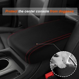 DEYTOP Car Armrest Cover Compatible with Dodge Durango 2011-2021 Accessories Center Console Cover for Durango 2021 2020 Accessories Leather Armrest Pad Protector (Black with Red Stitches)
