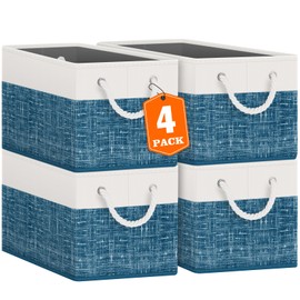 Fab totes Storage Bins [4-Pack], Foldable Storage Baskets for Organizing Toys, Books, Shelves, Closet, Large Storage Box with Rope Handles, Sturdy Organizer Bins, White & Blue