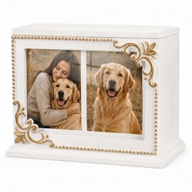 Rococo Acanthus Relief White & Gold Wood Pet Urn, Dogs & Cats Memorial Gift