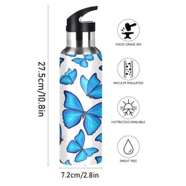 xigua 22 OZ Blue Butterflies Water Bottle with Straw, Sports Water Bottle BPA Free Stainless Steel Water Jugs for Gym, Kitchen, Working, Outdoor