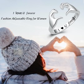 Fookduoduo Hug Rings for Women Sterling Silver Adjustable Love Ring Always with You Jewelry Rings Couples Bands Hugging Ring for Women Teen (I love you forever)