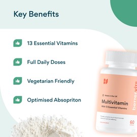 Bettervits Multivitamin | 13 Essential Ingredients | 100% RDA | Vitamin A, Bs, C, D, E, K Biotin, Folic Acid | Vegan Friendly