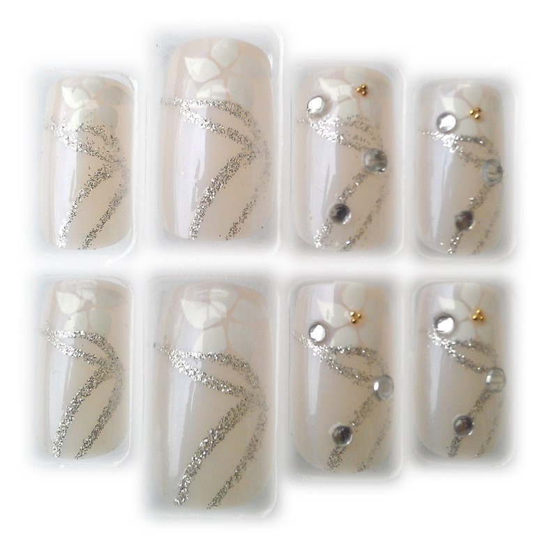 Blush Nude & White Flower w/Rhinestones Glue/Stick/Press-On Fake/Artificial/False Nails