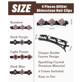 LOZTBUE Set of 4 Sparkly Rhinestone Hair Clips Double Sided Hair Clip for Women and Girls Sparkly Rhinestone Hair Clip (4 Pieces)