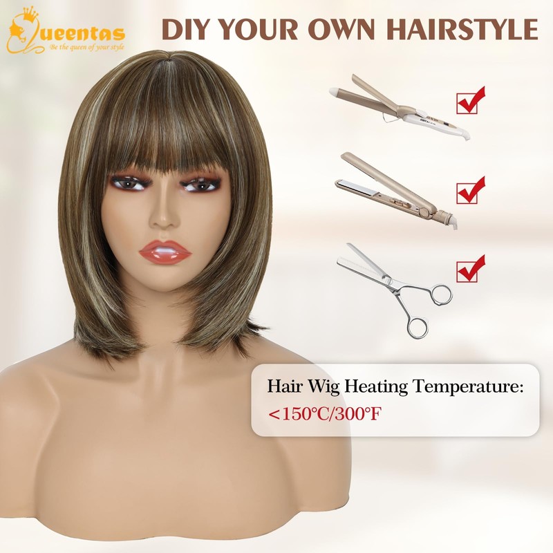 QUEENTAS Peluca Corta Marrón Estilo Bob Para Mujer, Recta Hasta