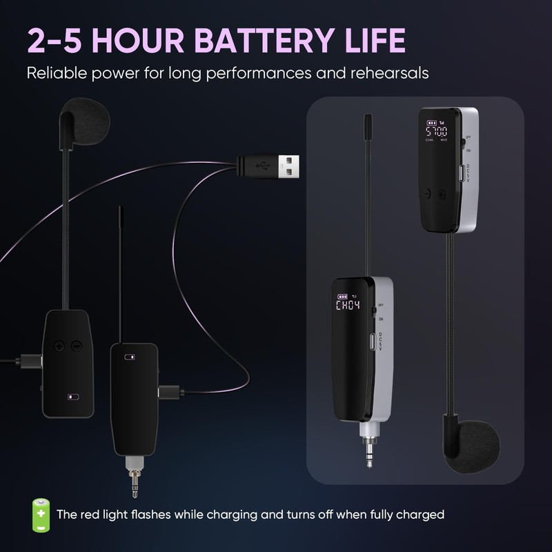 MICNAUX UHF Wireless Violin Microphone System, Rechargeable Clip-on Instrument Microphones
