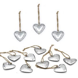 Set of 12 Heart Pendants, Decorative Hearts, Heart Pendant, Silver Metal Decorative Hanger (VAR 2)
