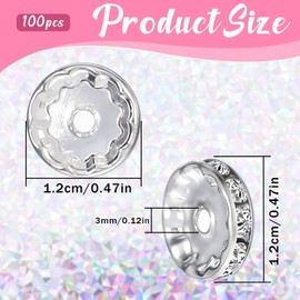 ZEYIYER 100 PCS Spacer Beads, 12mm Silver Plated Rondelle Loose Beads Rhinestone Beads Flat Round Crystal Beads for DIY Jewelry Bracelets Making