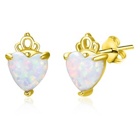 TANGPOET Heart Opal Stud Earrings for Women Girls 925 Sterling Silver White Gemstone Stud Earrings Created Opal Crown Earrings Jewellery Mother's Day Birthday Christmas Gifts for Her, Sterling Silver,