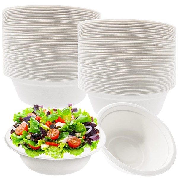Qiuttnqn 100 PCS 12oz White Disposable Paper Bowls,Eco-Friendly Bagasse Bowls,Natural Compostable Plant Fiber Dinner Bowls for Snacks,Parties,Picnics,Banquets and Barbecues