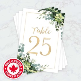 Lush Greenery Table Numbers/Set Of 28 Wedding Table Number Cards / 4" x 6" Flat Watercolor Eucalyptus Design With Faux Gold Accents/Made In Canada
