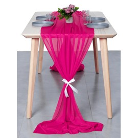 VDS 14ft Chiffon Table Runner 29x170 Inches Shimmer Sheer Centerpiece Cloth for Wedding Bridal Shower Birthday Graduation Engagement Ceremony Event Party Banquet Table Decoration (12 PC)(Hot Pink)