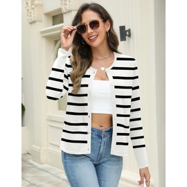 Rapbin Striped Cardigan Sweaters for Women Classic Crew Neck Sweater Trendy Black White Striped Fitted Cardigans M