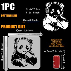 FINGERINSPIRE Panda Stencil with a Paint Brush 11.8x11.8Inch Reusable Thinking Panda Stencil PET Animal Headphones Decoration Template Banksy Theme Template for Painting on Wood Wall Floor Furniture