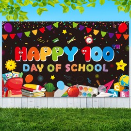 Happy 100 Days of School Banner Decoration,100th Day of School Backdrop Photography Background for Kids Student Kindergarten Preschool Primary School 100th Day Party Favor Supplies, 43x73inch,Black