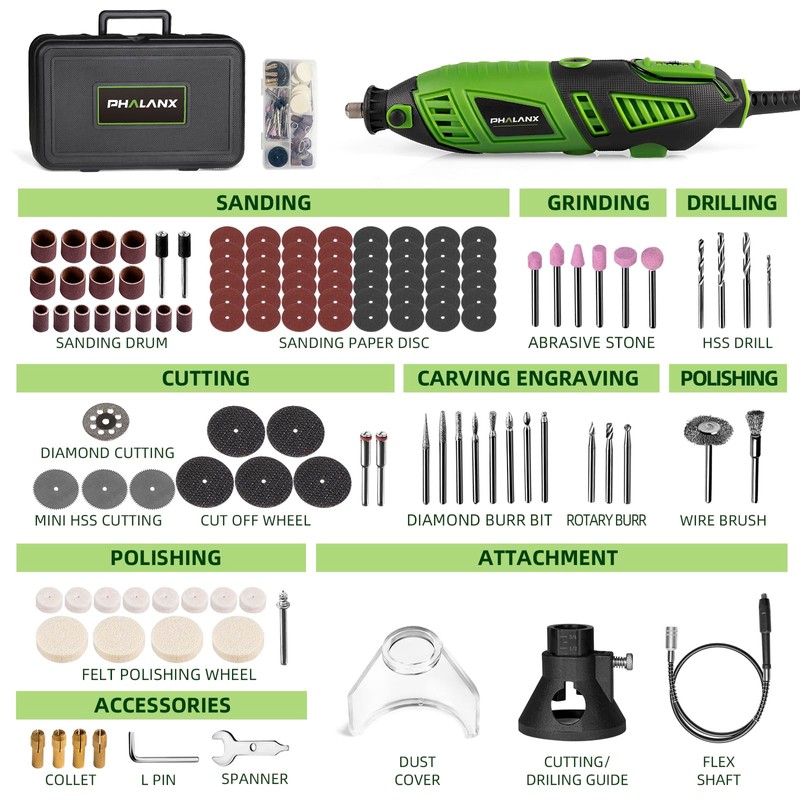 180W Rotary Tool Kit, 1.5-Amp PHALANX 6 Variable Speed with