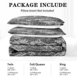 Zzzboro Quilt Set Full Queen Size Children Kids Adults, Gray Camouflage Digital Camo Army Military Bedding Decor Grey Navy Brown Us Black White Bedspread Bedroom Coverlet Bed Comforter 2 Pillowcases