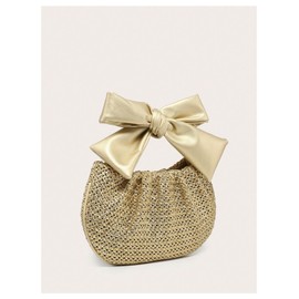 Verdusa Women's Ruched Hobo Handbag Cute Bow Clutch Purse Small Leather Top Handle Bags, Gold, One Size