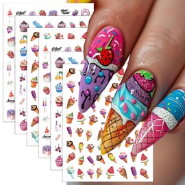 6 Sheets Summer Nail Stickers for Nail Art Cute Ice Cream Dessert Nail Decals Cherry Watermelon Strawberry Nail Art Stickers 3D Self-Adhesive Fruit Design Decals for Women Summer Nail Accessories