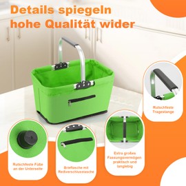 Foldable Shopping Basket, 25 L, Small Shopping Basket with Padded Handles and Zip Pocket, Foldable Shopping Basket, Maximum Load Capacity 15 kg, Shopping Basket for Shopping, Picnics & Storage, Green,