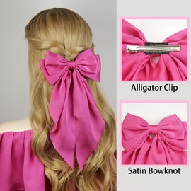 JGQUR Hair Bows Hair Clips for Women Girls - Big Long Tail Satin Bows, Cute Ribbon Hair Accessories for Birthday Gift, Weddings, Parties, Hot Pink Bow 1 Pack