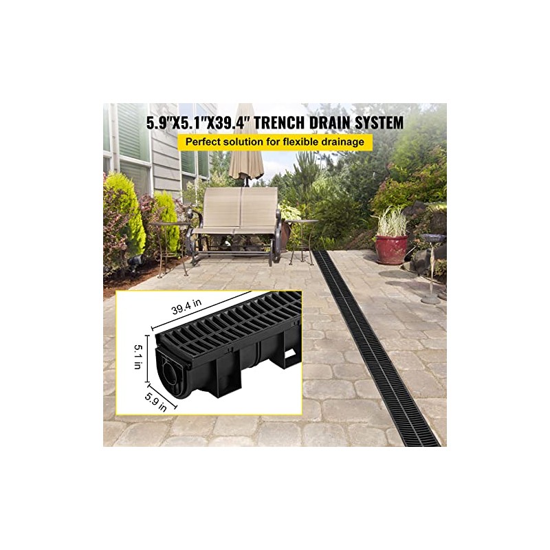 VEVOR Trench Drain System with Plastic Grate, 5.9x5.1-Inch HDPE Channel